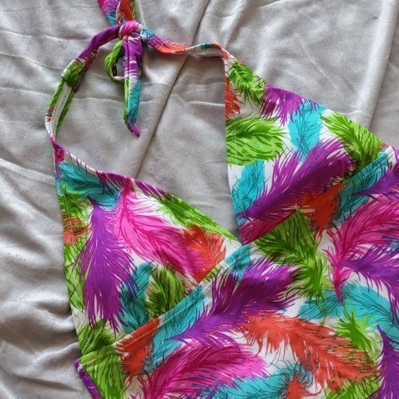 Delia*s Bright Multicolored Feather Print Tankini Top Sz L - Picture 2 of 12